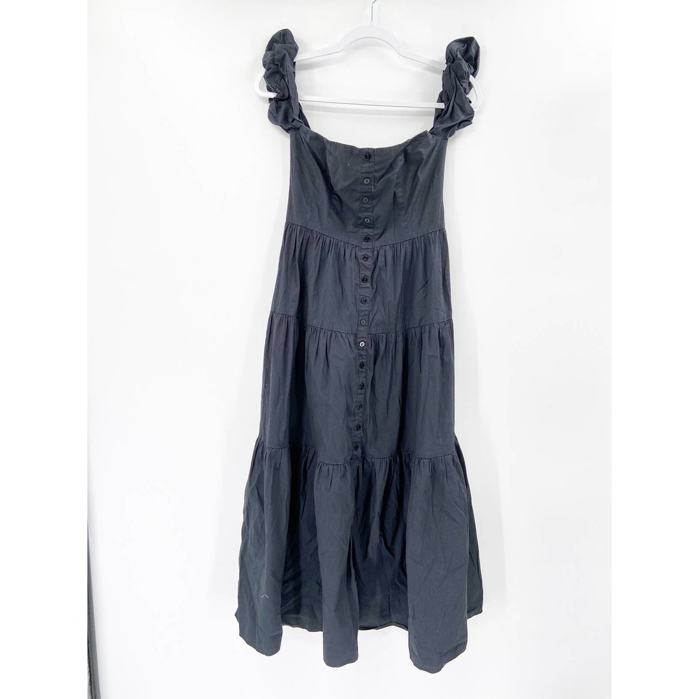 Staud Elio Solid Black Off Shoulder Tiered Button Front Short Sleeve Midi Dress - Picture 2 of 6
